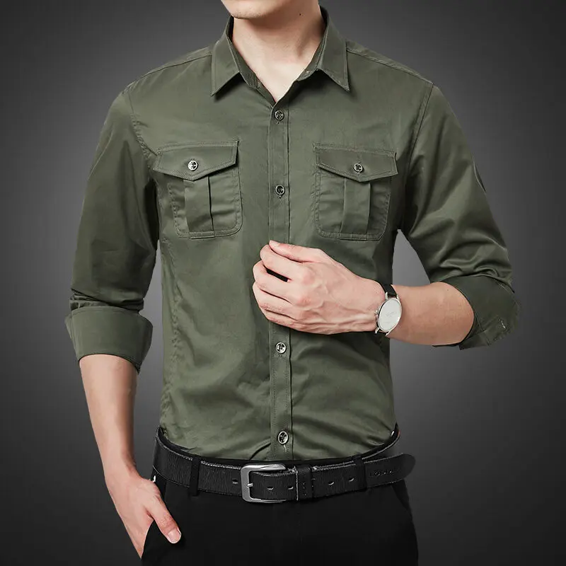 Safari Style Pockets Spliced Shirts Men\'s Clothing Solid Color Vintage Spring Autumn Long Sleeve Slim Single-breasted Shirts New