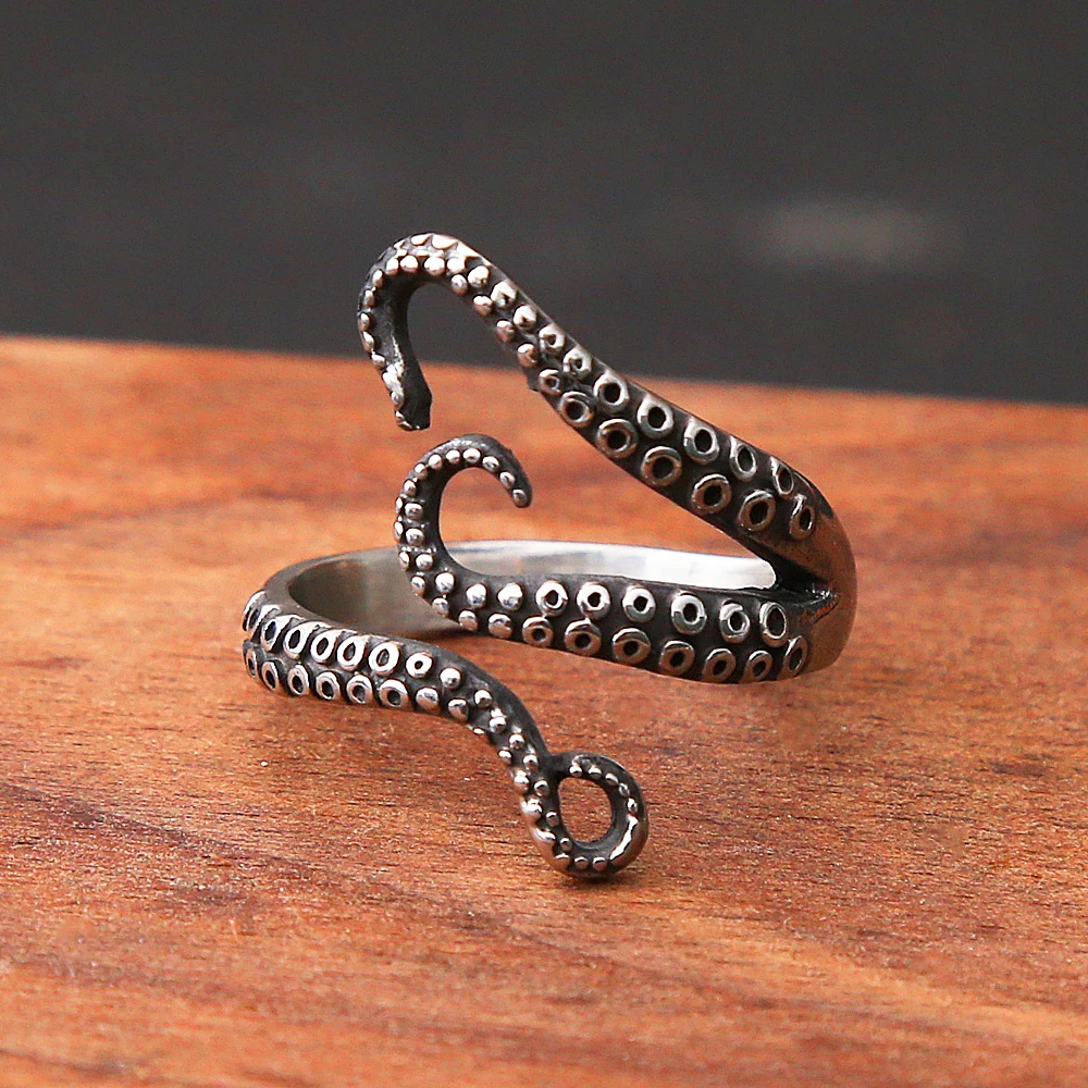 Retro Pirate Octopus Ring Men Punk Biker Men Women Ring Viking Octopus Stainless Steel Ring Opening Goth Accessories