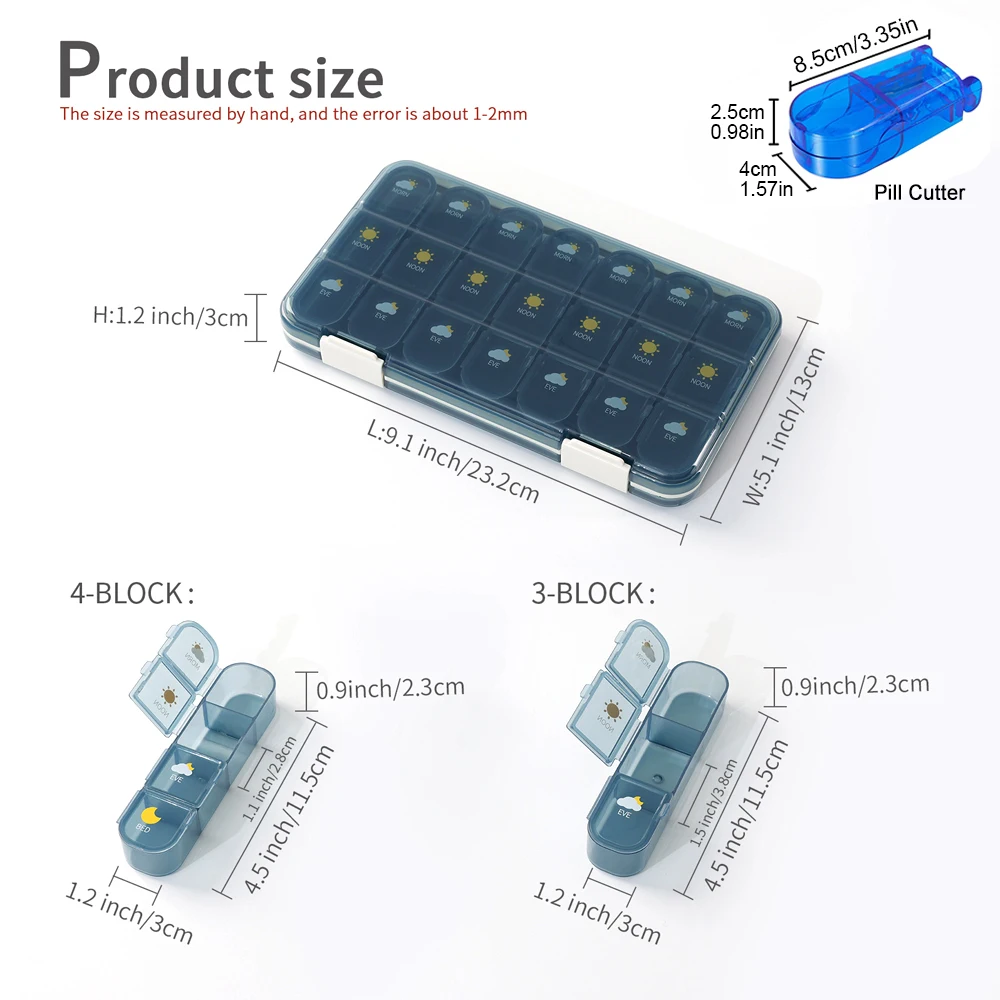 1Set Weekly Pill Organizer 3/4 Times a Day,21/28 Compartment with Pill Cutter,7 Day Pill Dispenser Medicine Box,Vitamin,Fish Oil