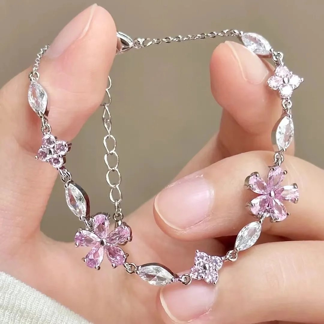 Elegant Fairy Pink Crystal Zircon Sakura Flowers Bracelet for Women Y2K Sweet Girls Cherry Blossom Moon Bow Knot Jewelry Gifts