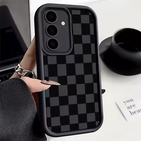 Black Check Phone Case For Samsung Galaxy S25 S22 S21 S24 S20 S23 FE Note 20 Plus Ultra A35 A15 A25 A55 Silicone Protect Cover