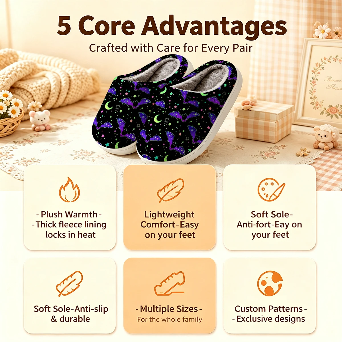 Halloween Bats Christmas White Slippers Warm Plush Indoor Shoes Non-Slip Winter Slippers Family Holiday Gifts Soft view 4