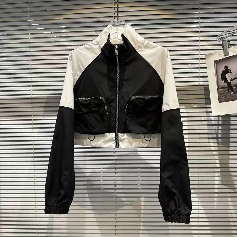 Bomber Jacket Women Spring  Summer Short Jackets Streetwear 3D Big pockets black white Contrast Coat  windbreaker outwear