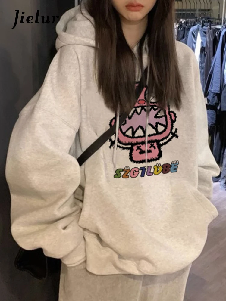 

Jielur American Cute Cartoon Printed Casual Female Hoodies Loose Hooded Drawstring Basic Simple Streetwear Fashion Women Hoodies