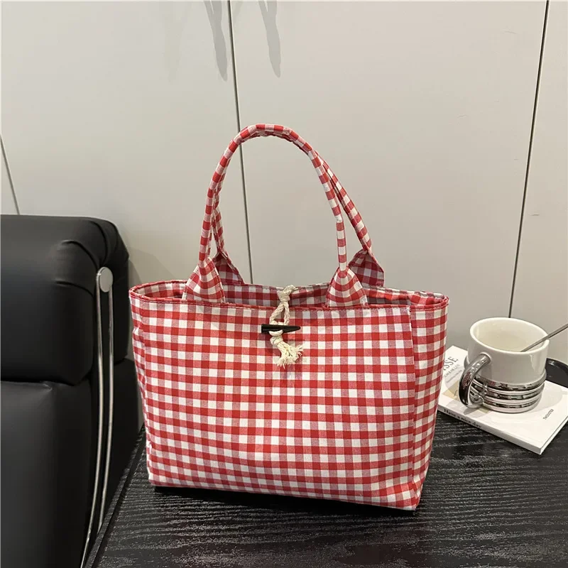 

Korean Black and White Checkered Canvas Bag, Women's Large Capacity Single Shoulder Tote Bag, Commuting Hand-held Shopping Bags