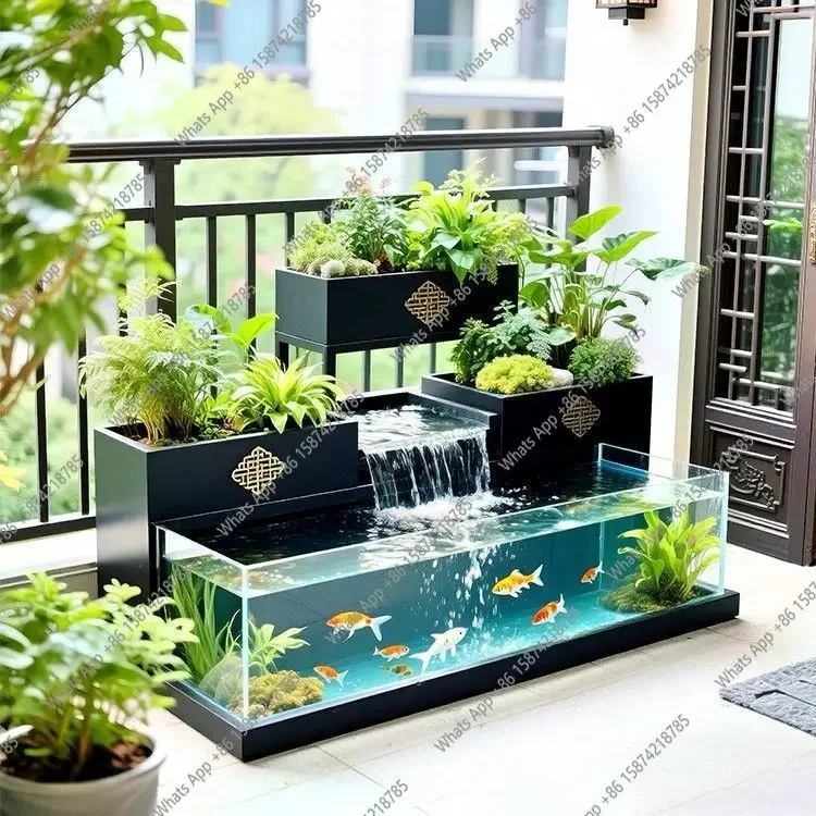 J Balcony Creative Running Water Fish Tank Flower Box Metal Floor Acrylic Terrace Circulation Fish Pool Does Not Rust