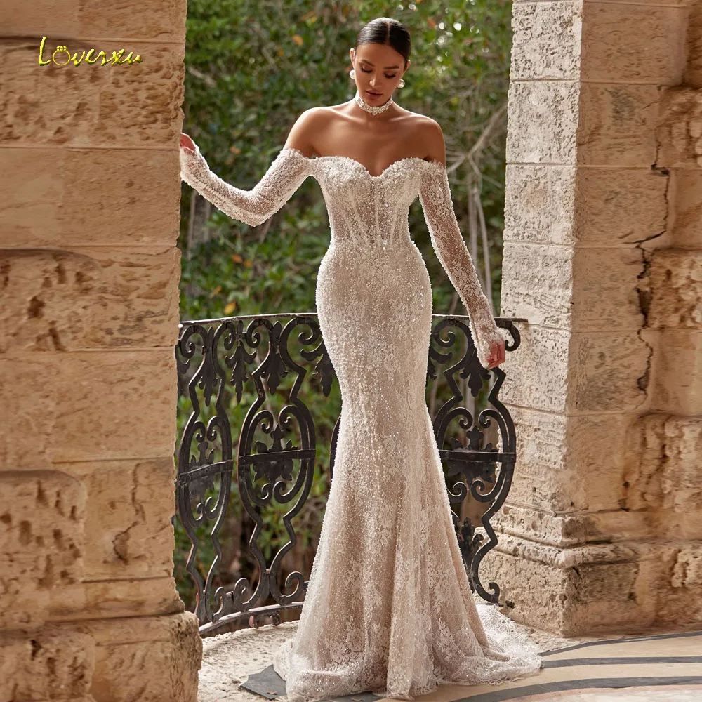 

Loverxu Mermaid Sexy Wedding Dresses Off The Shoulder Vestido De Novia Lace Embroidery Beaded Pearls Custom Made Bridal Gowns