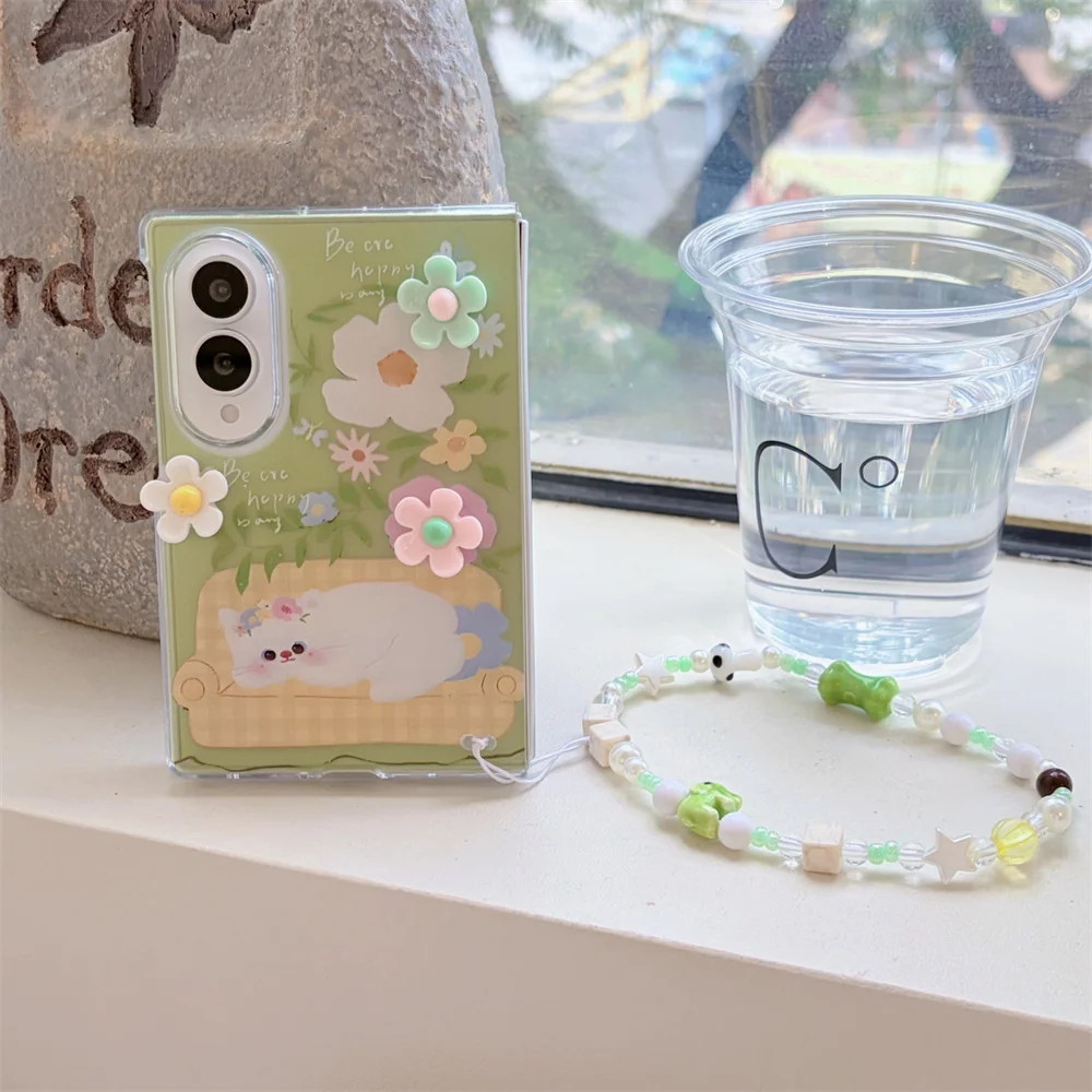 New Fashion Green flowers cat stand Phone Case For Samsung Galaxy Z Fold 8 Ultra Z Fold 7 6 5 4 3 Shockproof Cover Chain