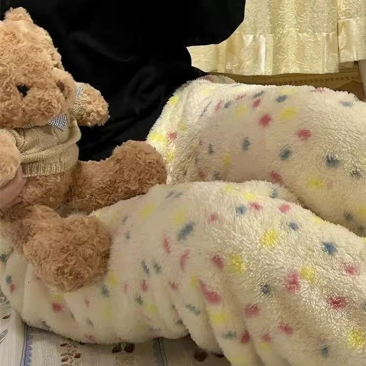 

Polka Dot Fluffy PJS Bottoms Pajamas Pants Women Winter Warm Christmas PJ Pants Kawaii Soft Flannel Loungewear Sleepwear Gift