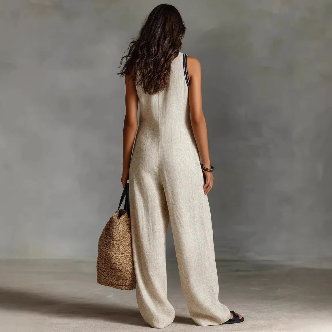 Women's Summer Sleeveless Jumpsuit V Neck Embroidered Trim Loose Wide Leg Vacation Romper with Pockets