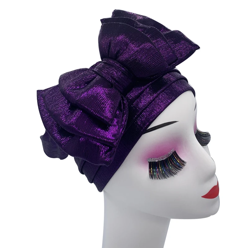 Shinning Multi-schicht Bowknot Turban Kappe für Frau Mode Afrikanische Headtie Nigeria Hochzeit Turbane Hut Muslim Headwrap Motorhaube – Detail 15