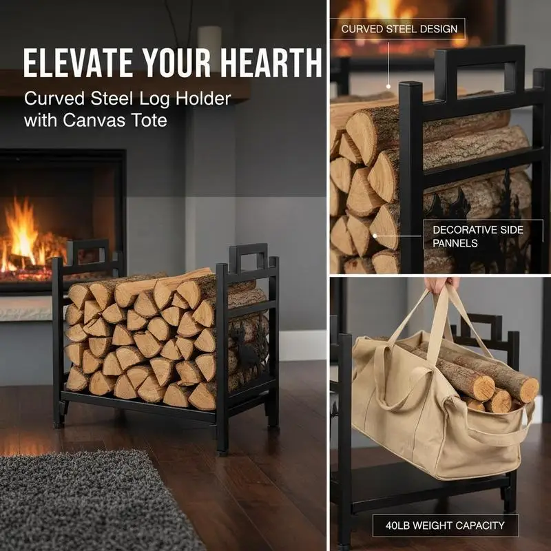 Curved Log Cradle 17.5-Inch For Hearthside Living Room Cabin Wood Burning Stove, Canvas Carrier 40lb Capacity Powder-Coated Steel Heavy Duty Stacker Storage Stand