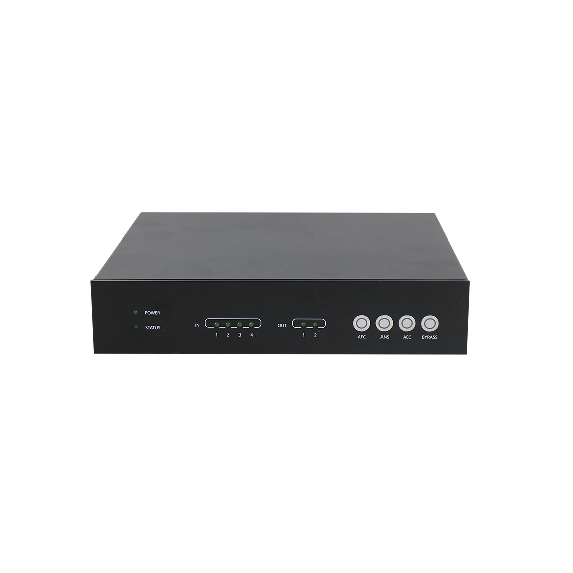 4-in, 2-out automatic DSP audio processor with hands-free adjustment