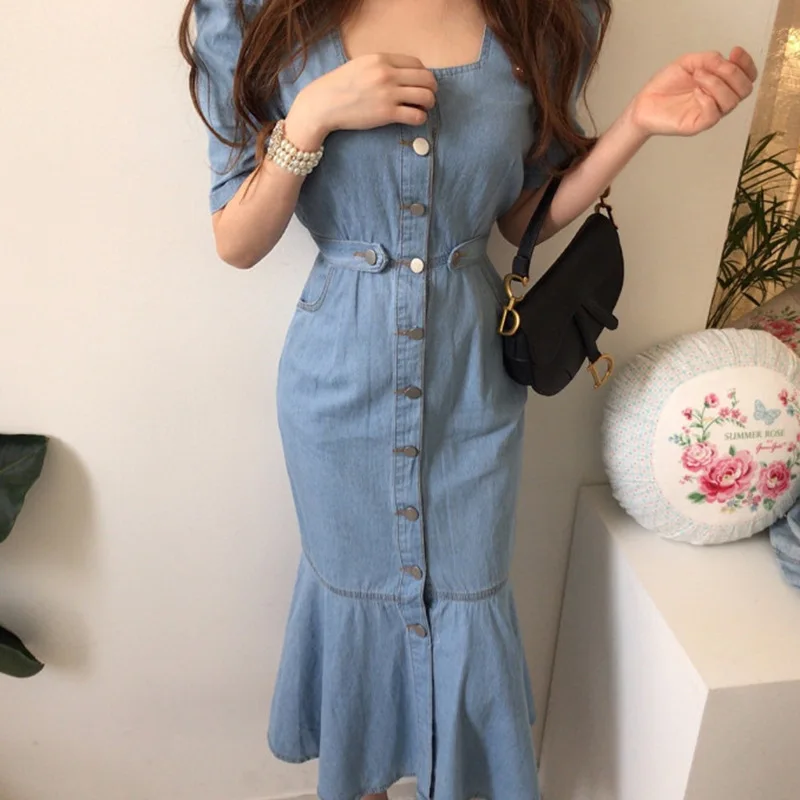 

Sexy Elegant Denim Mermaid Dress Women Tight Sexy Square Collar Bodycon Mini Dress 2023 Summer Casual Short Puff Sleeve Vestido