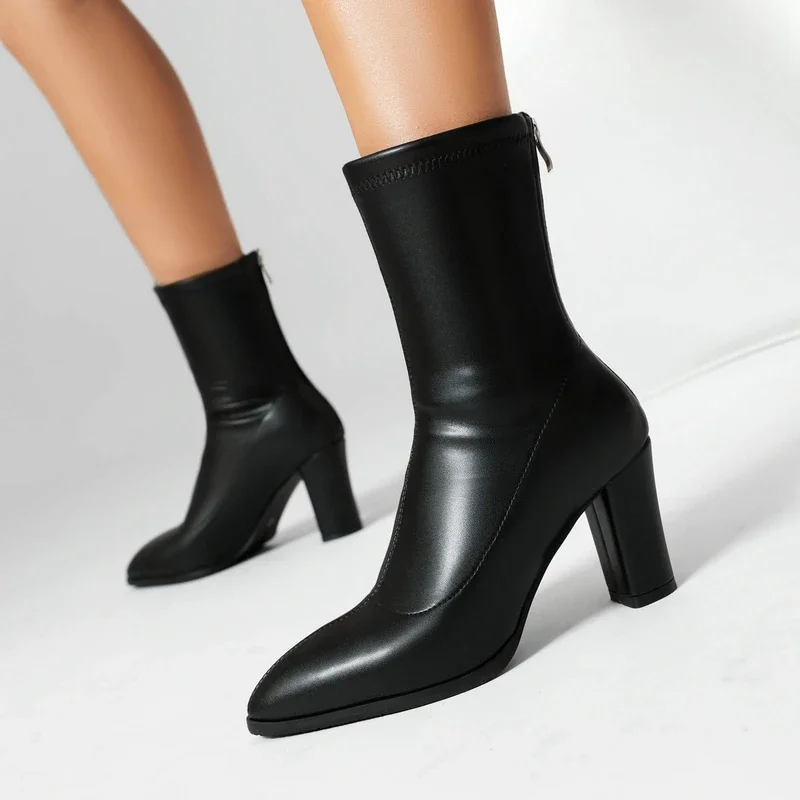 Golden Silver Stretch Socks Botines Big Size 44 43 Zipper Back Pointed Toe Block High Heels Sexy Fashion Women Ankle Boots