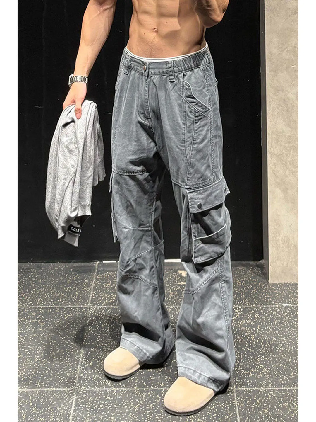 

ey Multi-ket Logging Work Pants Men's Winter American High Street Vibe Straight Leg Micro Flare Jeans Casual Trousers