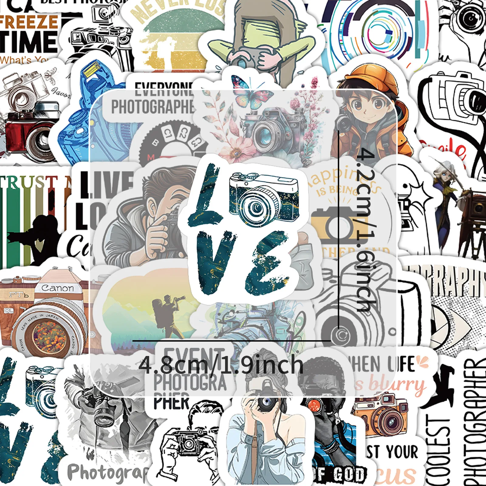 54 pezzi interessanti adesivi per cartoni animati per fotografo, gadget per fotocamera, decalcomanie, bagagli, skateboard, tazza, telefono, adesivi impermeabili