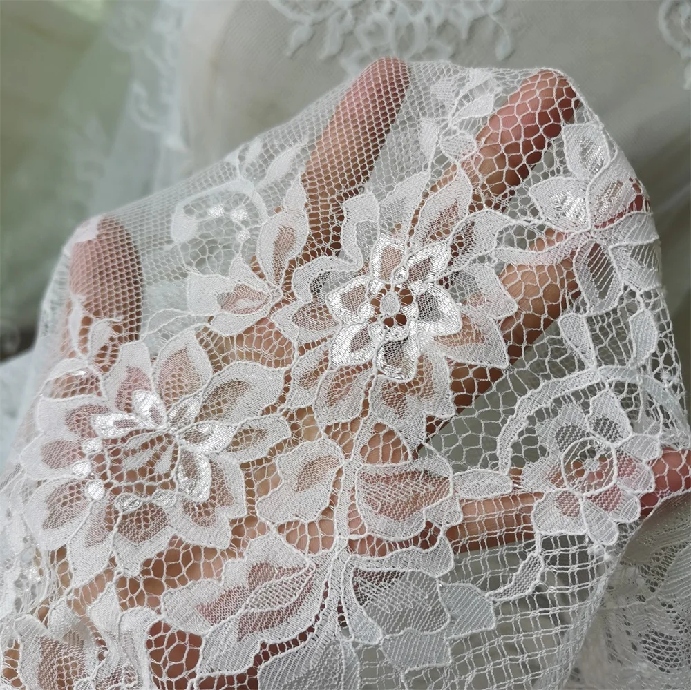 Shiny Flower Chantilly Lace Fabric Thin Wedding Gown Off White 1pc=1.5x3meter