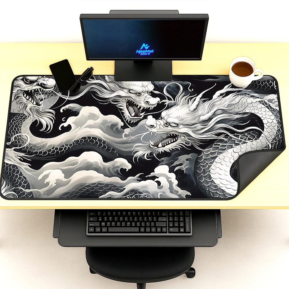Dragon Mousemat Mousepad Black Gaming 140x60 Pc Accessories White 180cm Washable Soft Nonslip Workstation Workspace Mat