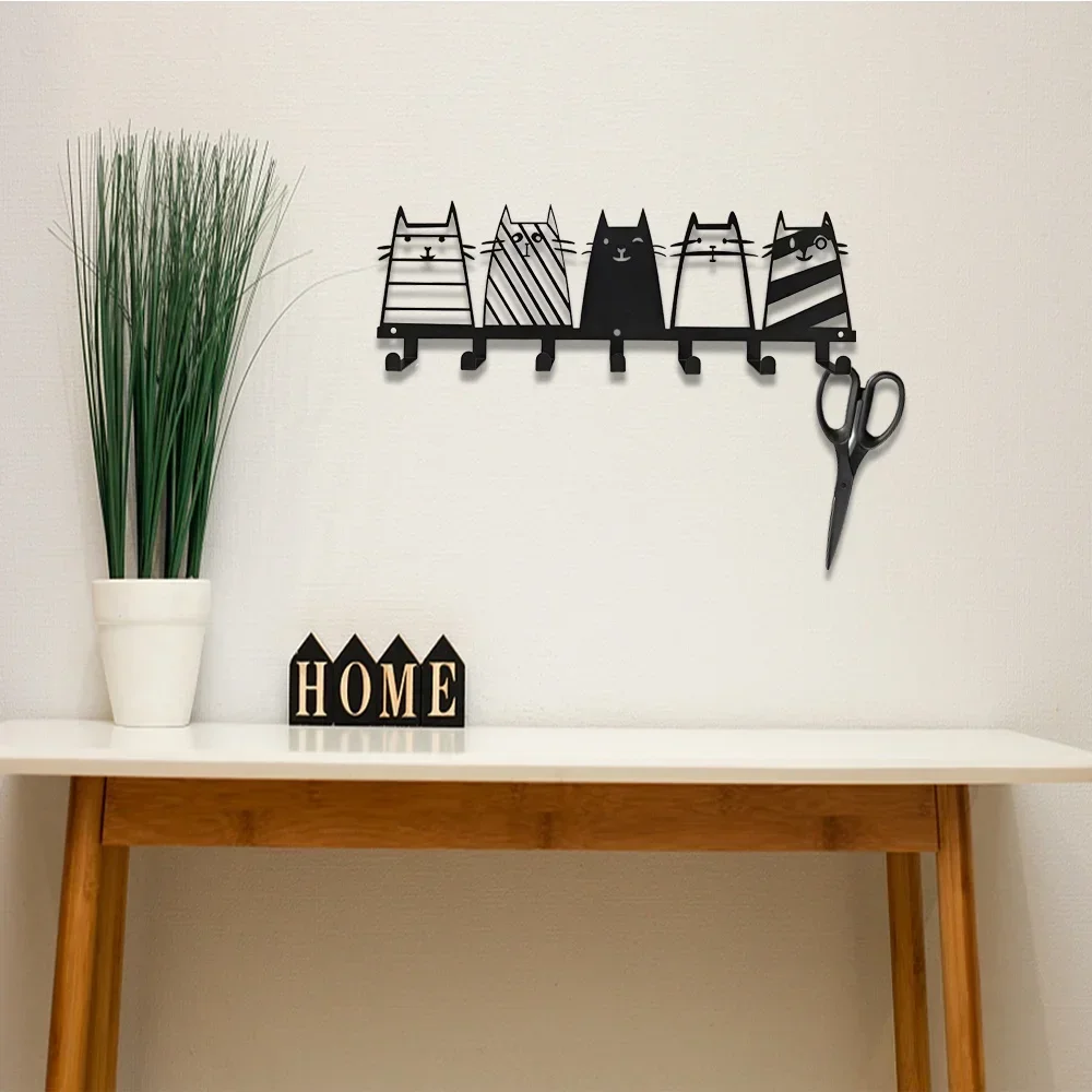 7 Hooks Key Hook Rack, Cute Cat Decorative Hook, Modern Coat Rack, Cat Decor Wall Mounted Coat Rack for Kitchen Bathroom Bedroom