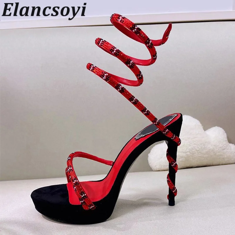 Stiletto Sandalias Women Shiny Rhinestone Ankle Snake Shaped Winding Party Shoes Summer Sexy Super High Heels Platform Sandals