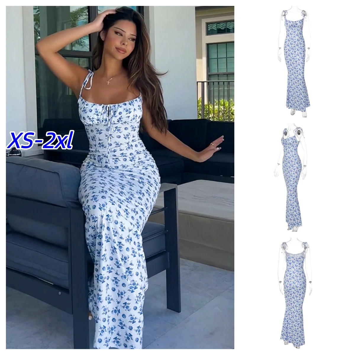 Y2K Retro Floral Suspender Print Sleeveless Backless Slips Lace Up Maxi Sexy Bodycon Summer Elegant Outfit Holiday Party Dresses