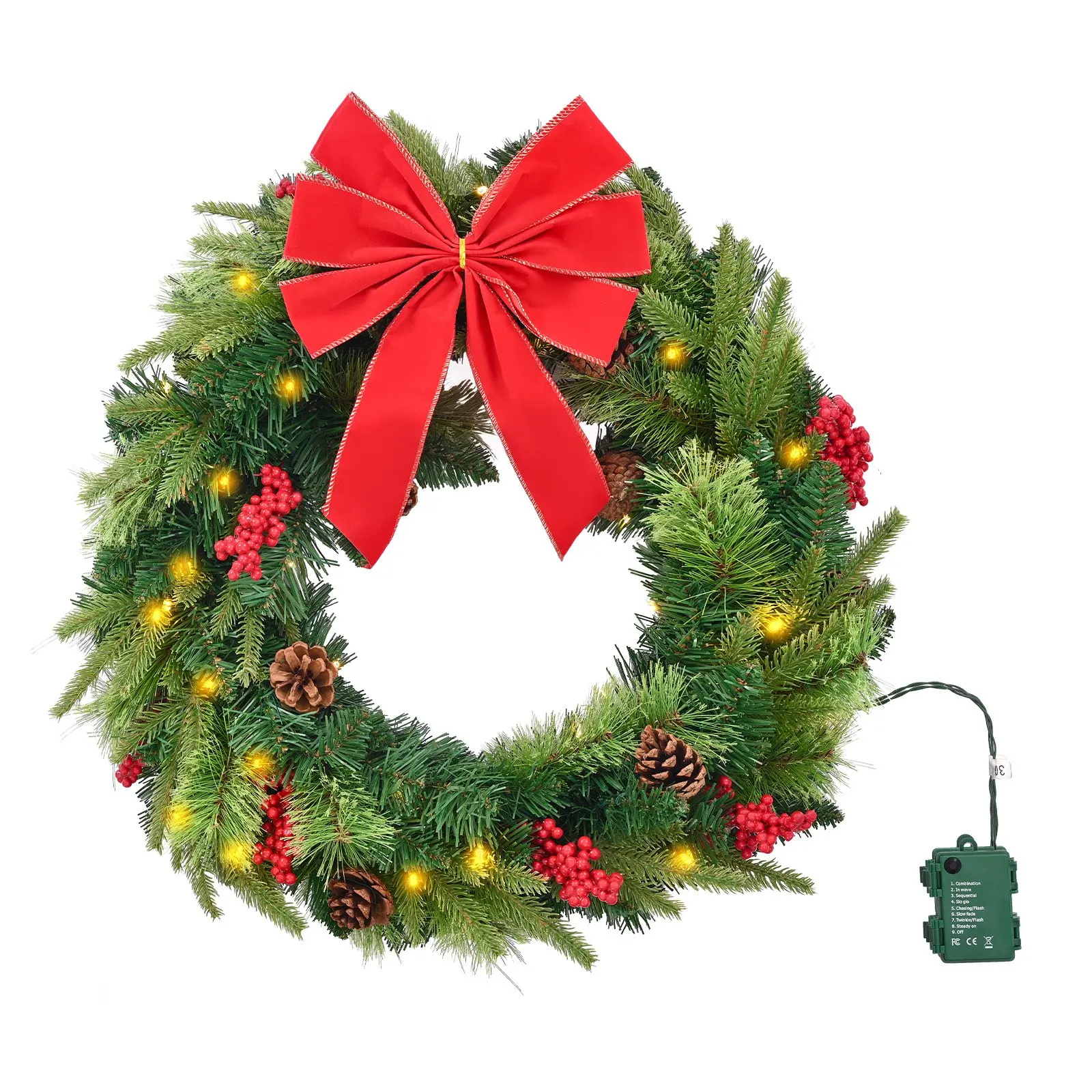 

Christmas Wreath, 24 Inches Pre-Lit Artificial Christmas Wreath With 50 LED Lights And Timer, Decorated With Pine Cones, Red