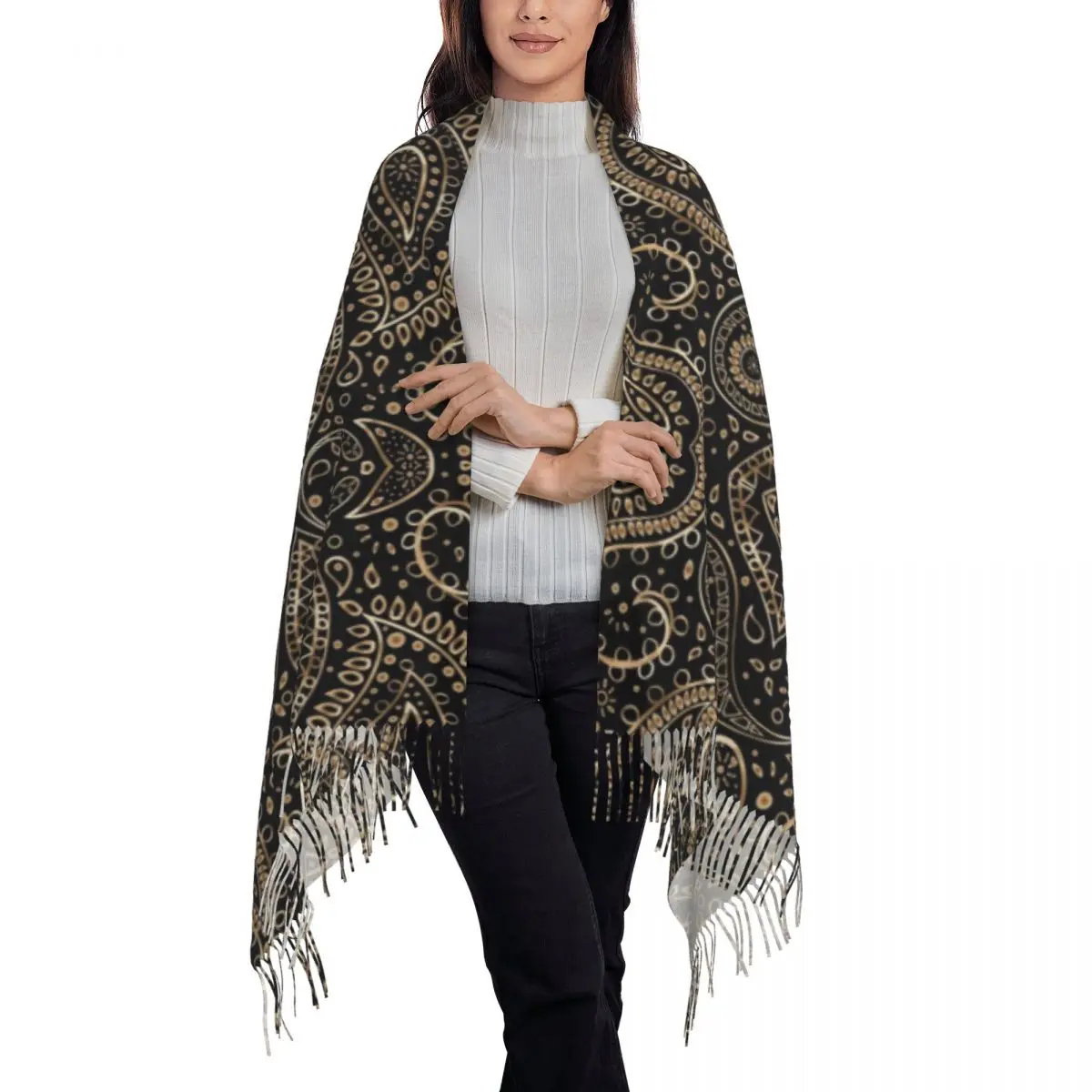 Gold Bohemian Art Paisley Gradient Beige And Brown Tassel Scarf Women Soft Shawls Wraps Ladies Winter Fall Scarves