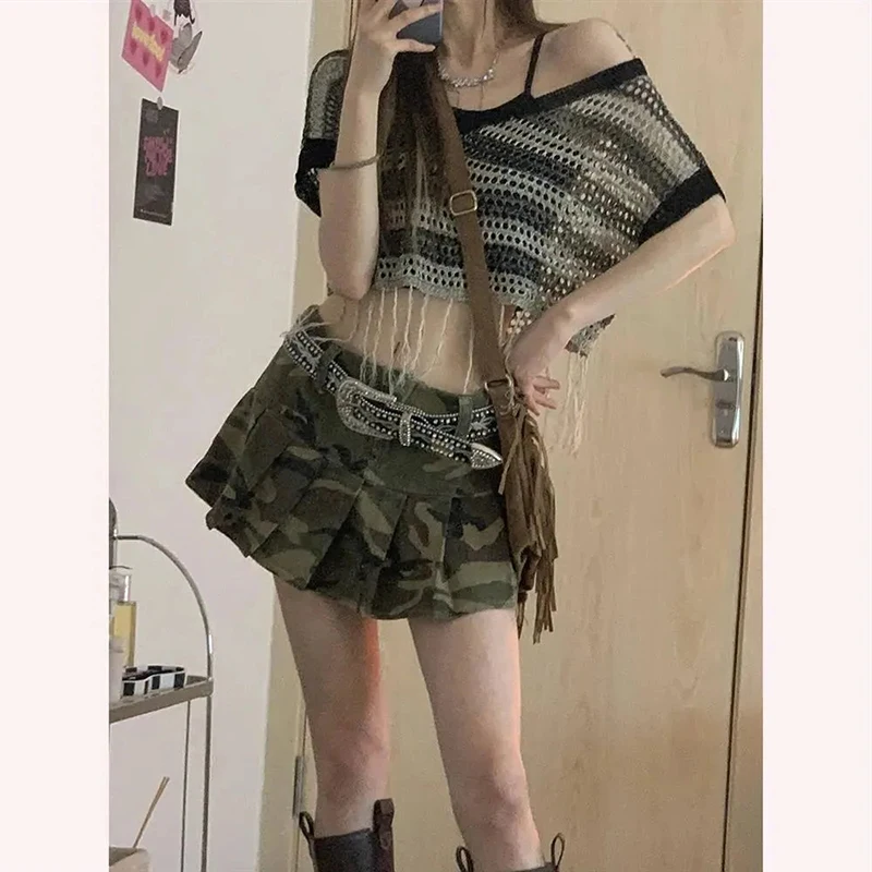 Damen Camouflage Gothic A-Linie Jeansrock Vintage 90er Jahre Ästhetischer Y2k Mini Cowboy Rock Harajuku Jeans Röcke Emo 2000er Jahre Kleidung