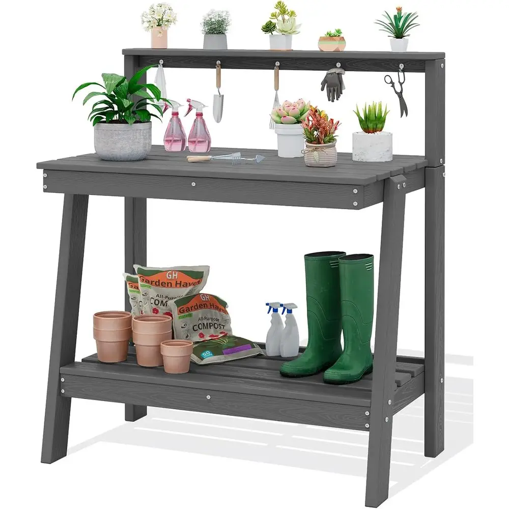 3-Tier Outdoor Potting Bench, Gardening Table, Grey | Waterproof HDPE Structure, Spacious Storage, Angled Legs & Tool Hooks, Per