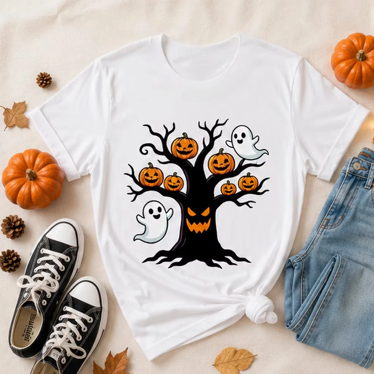 Women's Crew Neck Tee Spooky Halloween Tree Pumpkin Ghost Print Loose Short Sleeve Casual Fall Tee Cheap Clothes Free Delivery