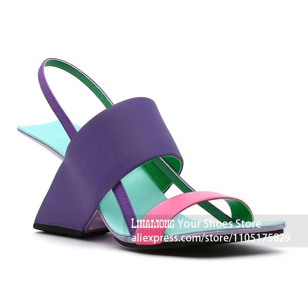 Color Block Sculptural Heel Slingback Sandals Novelty Design Style Geometric Wedge Slingback Summer Shoes Contrast Color Sandals