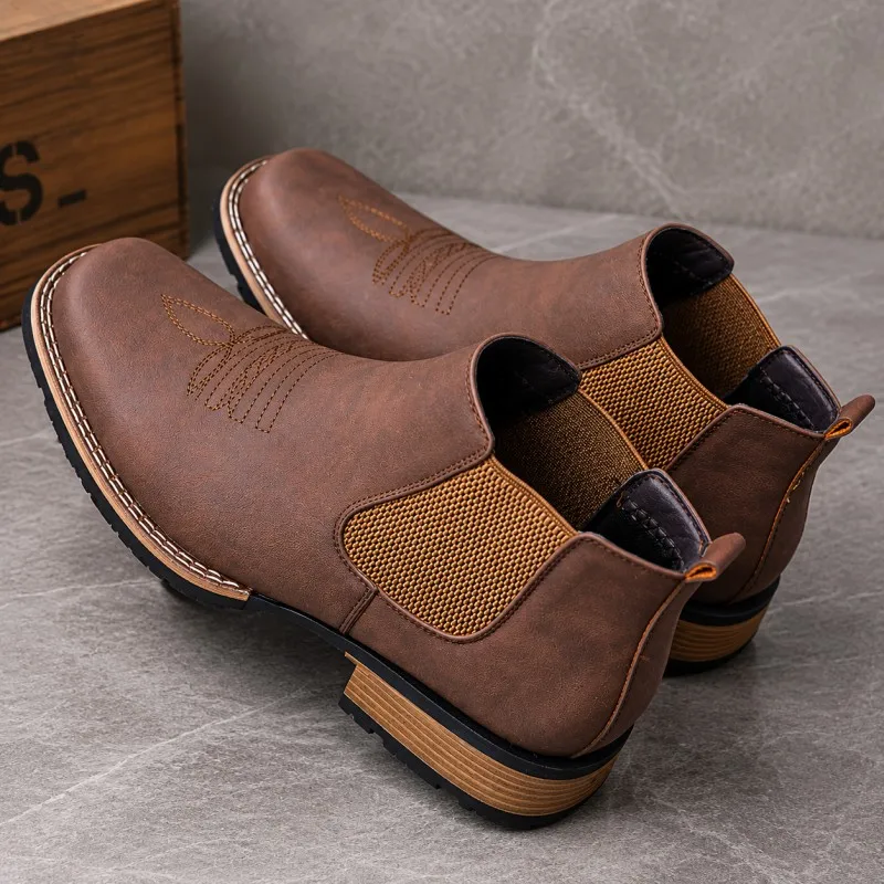 Men Vintage Western Chelsea Boots Square Toe Embroidered Cowboy Ankle Boots Elastic Slip‑on Casual Short Boot Size 39‑48