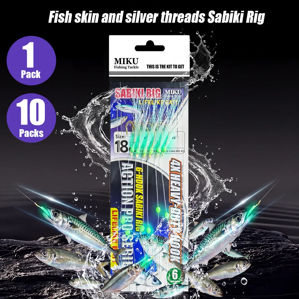 1 Packung/10 Packungen Sabiki-Rig mit Fischhaut, Silberdraht, Leuchtperlen und HC-Haken, Effizientes Meeresangel-Zubehör für Makrelen/Sardinen/Barsch/Thunfisch