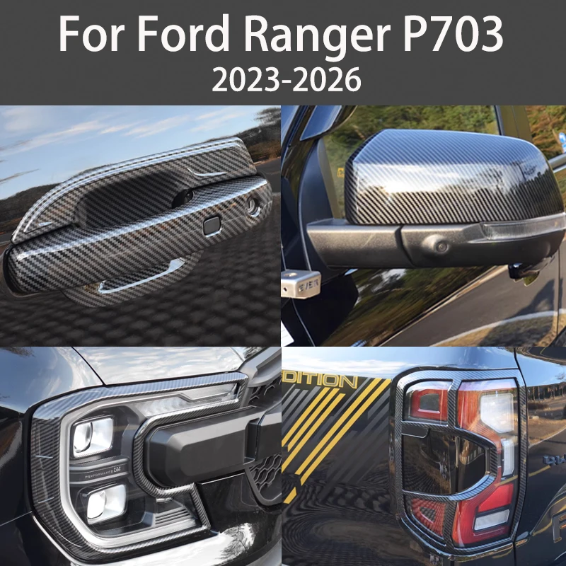 For Ford Ranger P703 T9 Wildtrak 2023-2026 Carbon Fiber Texture Rearview Mirror Cover Door Handle Trim Protective Body Decal Kit