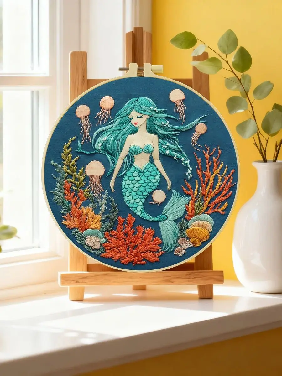 1 Stück 20X20CM/15X15CM 7,87/6,3 Zoll Meerjungfrauen-Stickerei-Starter-Kit DIY-Kit DIY-Stickerei-Set Handarbeiten Malerei – Detail 6