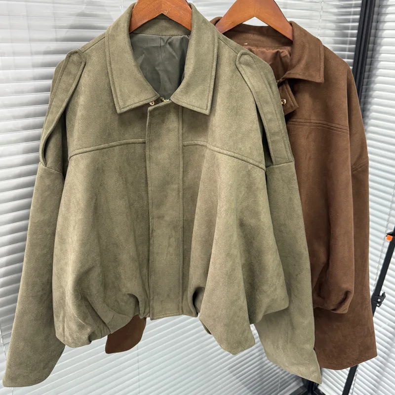 سترة من جلد الغزال بتصميم عتيق وياقة بسحاب ملابس خارجية للنساء متوسطة السُمك وأكمام طويلة موضة الشارع فضفاضة تناسب الخريف والشتاء #2