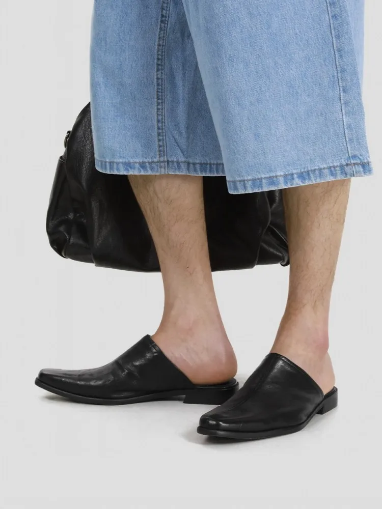 Spring Summer Mens Close Toe Comfortable Horsehide Genuine Leather Black Slippers Business Casual Work Shoes Male Slip On Slides