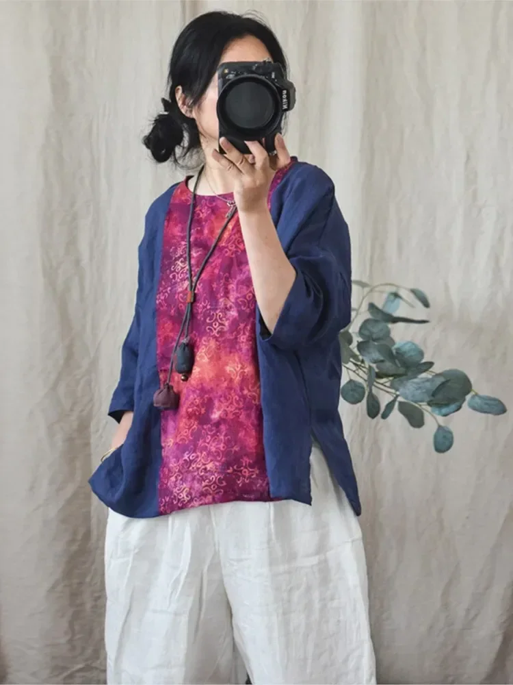 

Women Summer Linen Ramie Patchwork Print Blouse Tops Ladies Vintage Loose Shirt Female 2022 Spliced Tops