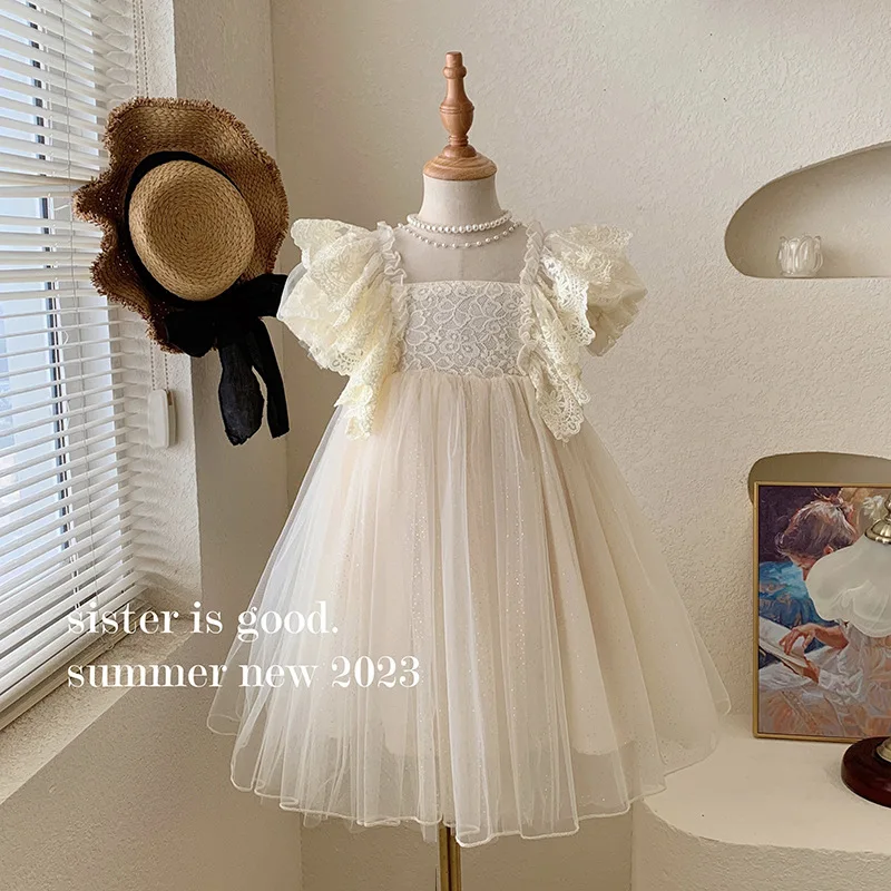 Female Little Kids' Summer Clothing Nail Pearl Lace Fairy Dress Baby Girl Western Style Lace Puff Sleeve Puffy Mesh Princess Dre