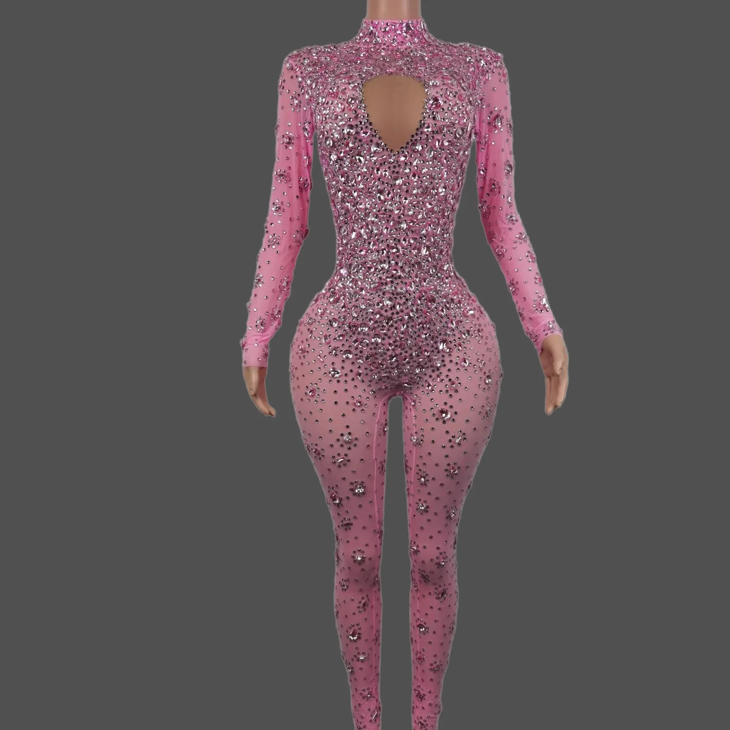 Shiny Rhinestones Pink Long Sleeve Jumpsuit Sexy Women Performance Crystal Bodysuit Nightclub Pole Dance Costume Party Prom Wear