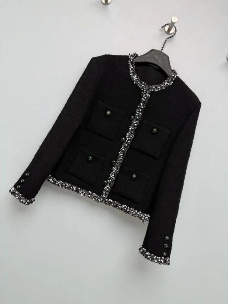 2026 Elegant Four-pouch Classic Design Black Silver Woven Jacket