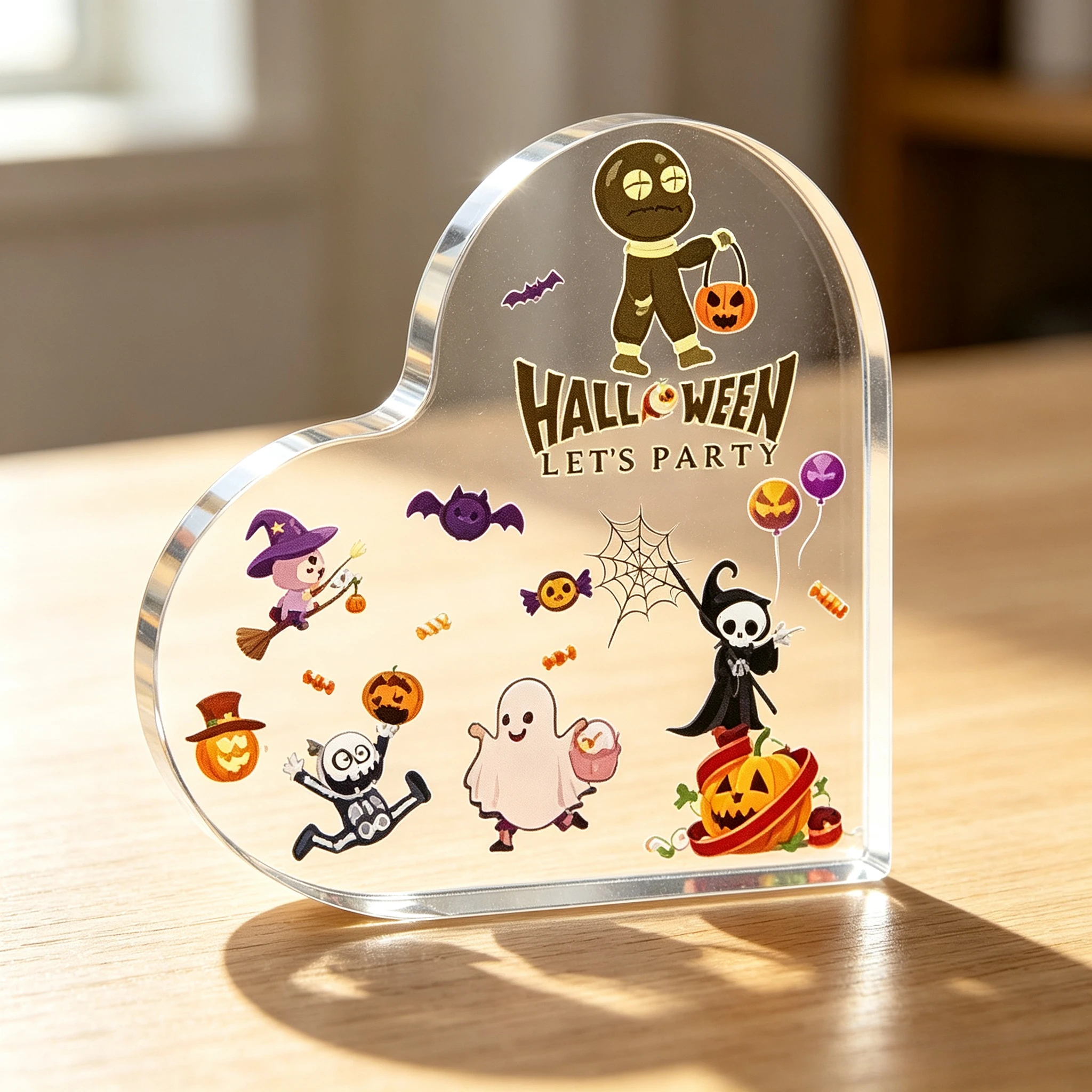 Halloween Let's Party Voodoo Doll Ghost Witch Skeleton Reaper Heart‑Shaped Clear Acrylic Plaque Pumpkin Candy Bat Tabletop Keepsake Ornament Desk Shelf Halloween Party Home Decor Gift