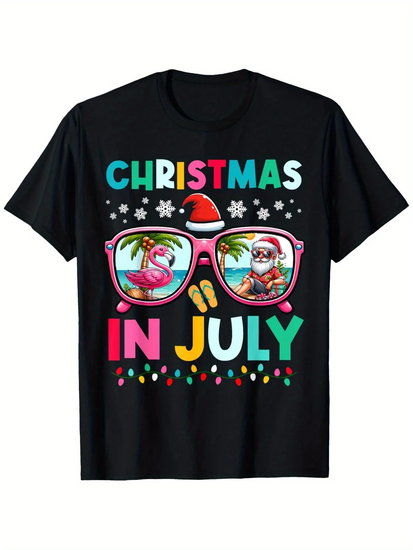 

Christmas in July T-Shirt - 180gsm Cotton, Tropical Santa Beach, S-XXXL, Black Summer Gift