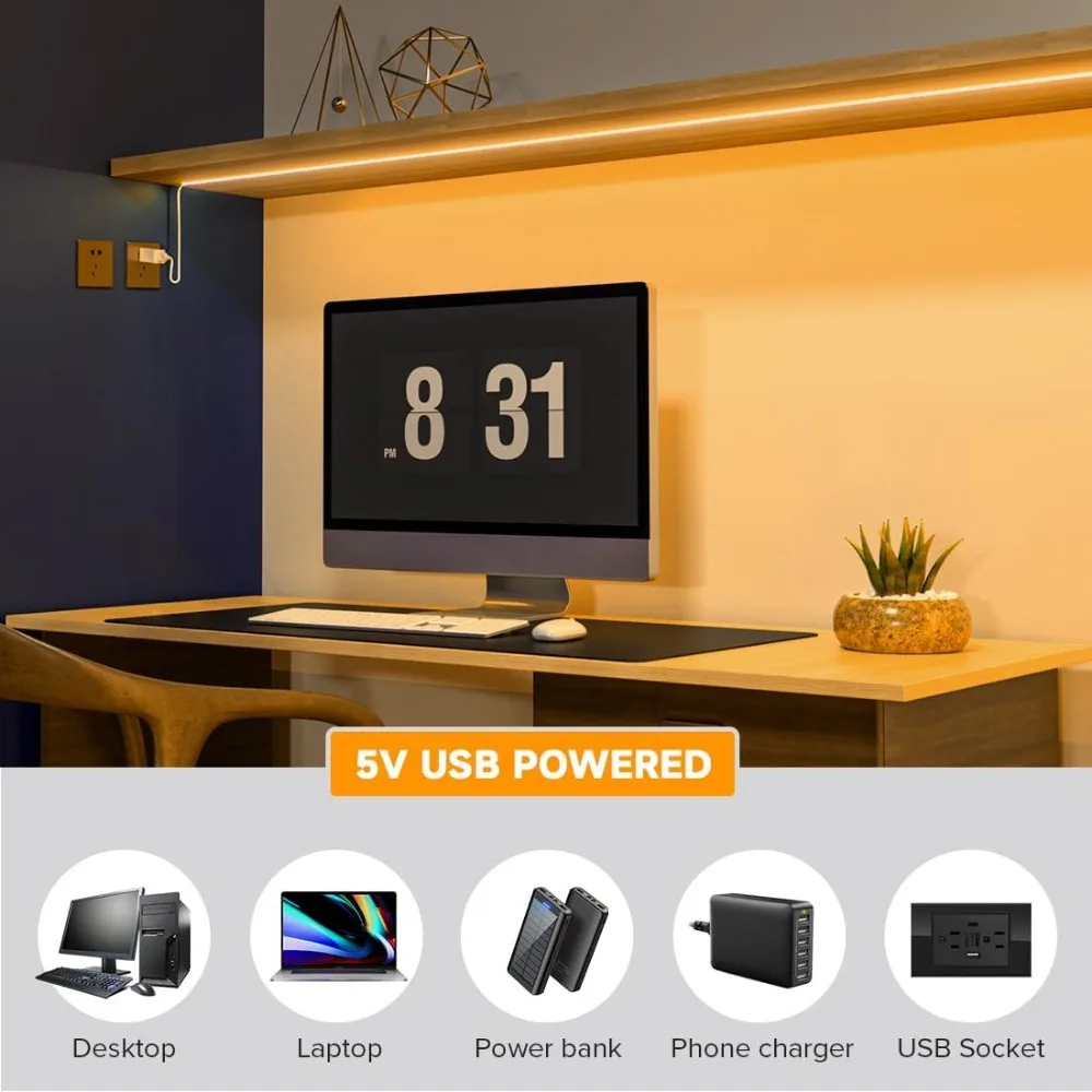 BTF-LIGHTING FCOB USB alimentado blanco cálido 2700K COB tira de luces LED 3,28 pies 320LEDs 5V 8mm de ancho 90 + alta CRI Ultra brillante Flexib