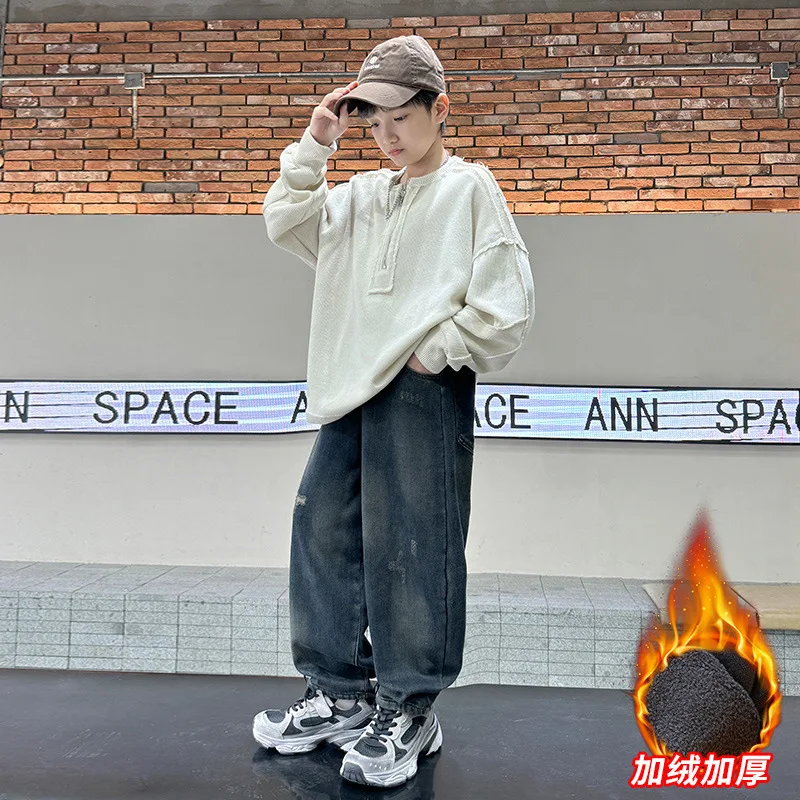 ﻿ جينز شتوي عالي الجودة للمراهقين مبطن بالصوف للأطفال بنطلون حراري عتيق بنطلون رياضي للأطفال سروال دينم عازل دافئ