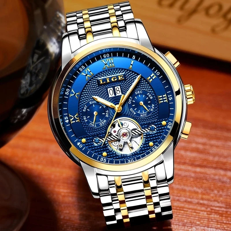 LIGE Automatic Men Watch Mechanical Watches Tourbillon Watches For Men Luminous Calendar Watches Waterproof Business Wristwatch