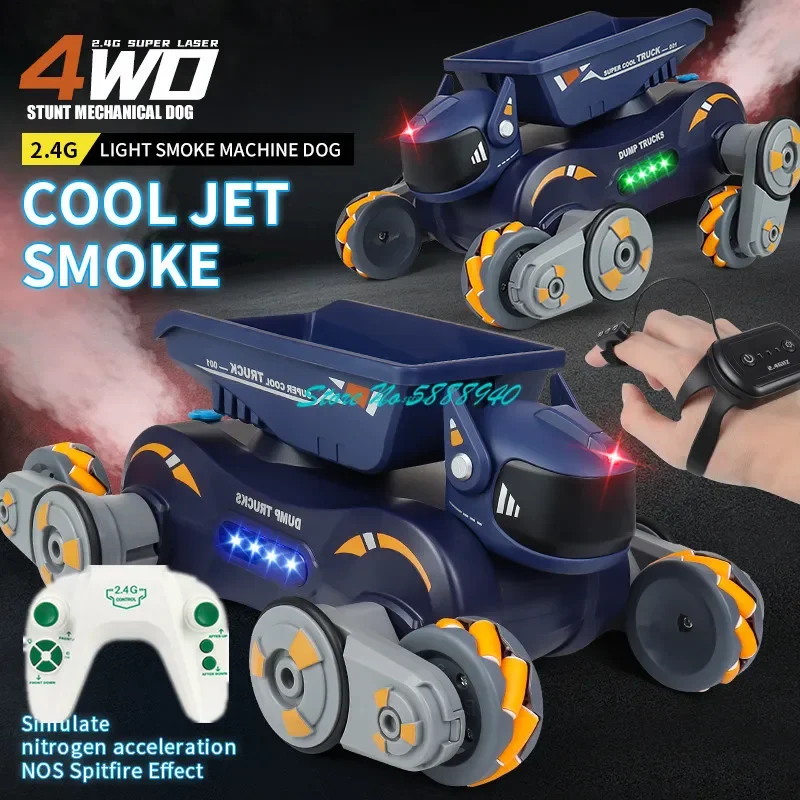 4WD Spray Stunt Light Music RC Dog Car Toy 2.4G Attitude Transformation Watch Gesture Sensing Climb Remote Control Robot Dog Car
