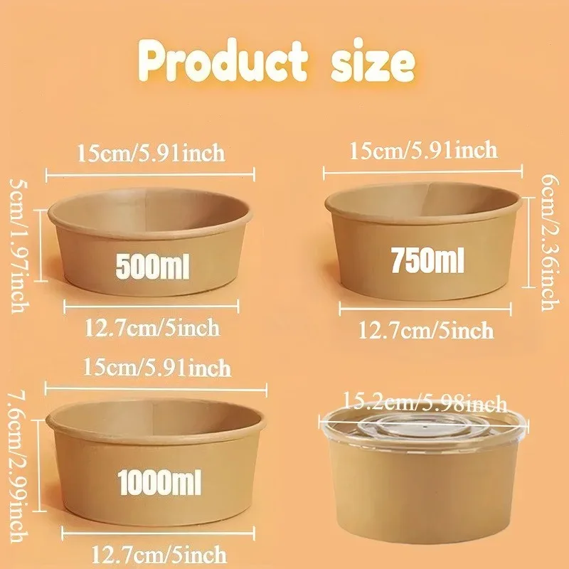 15/30PCS Kraft Paper Bowls Disposable Bowls with Lid Salad Vegetable Soup Kitchen Restaurant Party Snack Storage Supplies