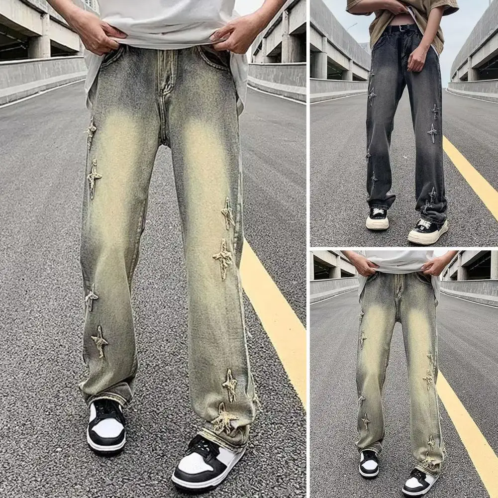 Jeans da uomo con giunture di colore sfumato pantaloni in Denim con giunture di colore sfumato da uomo con motivo invecchiato leggermente svasato per uomo